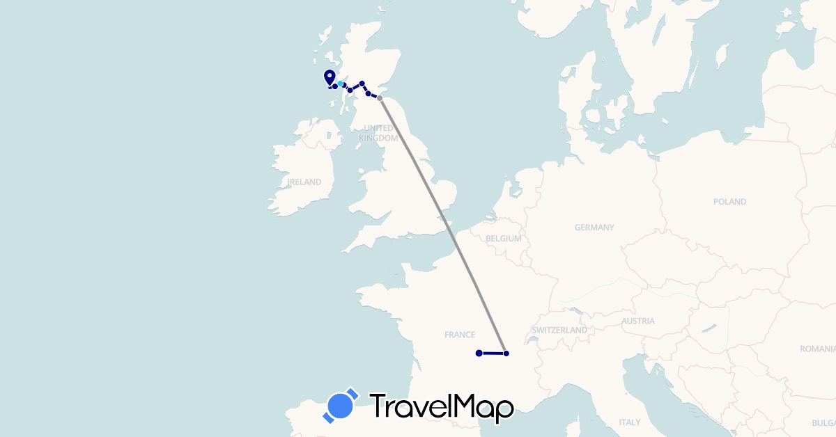 TravelMap itinerary: driving, plane, boat in France, United Kingdom (Europe)